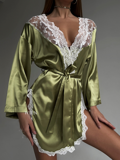 BLISS Luxurious Satin Robe for Women - Elegant Bridal Kimono with Lace Trim, Perfect for Weddings, Honeymoons, and Special Occasions - Elegance - Women's Lingerie Shop